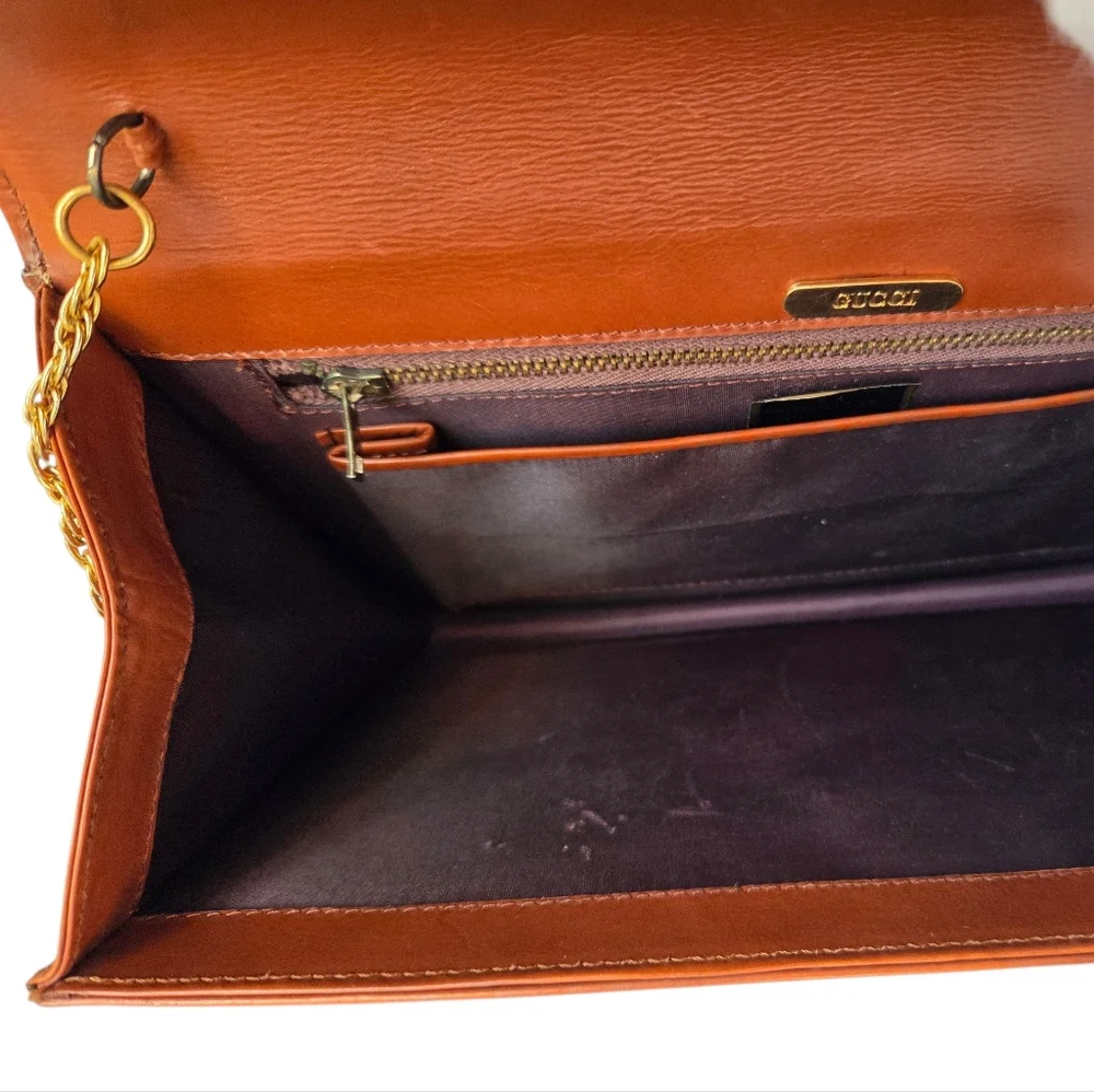Vintage Gucci Cognac Leather Chain Shoulder Bag Envelope Clutch Purse - Picture 11 of 17